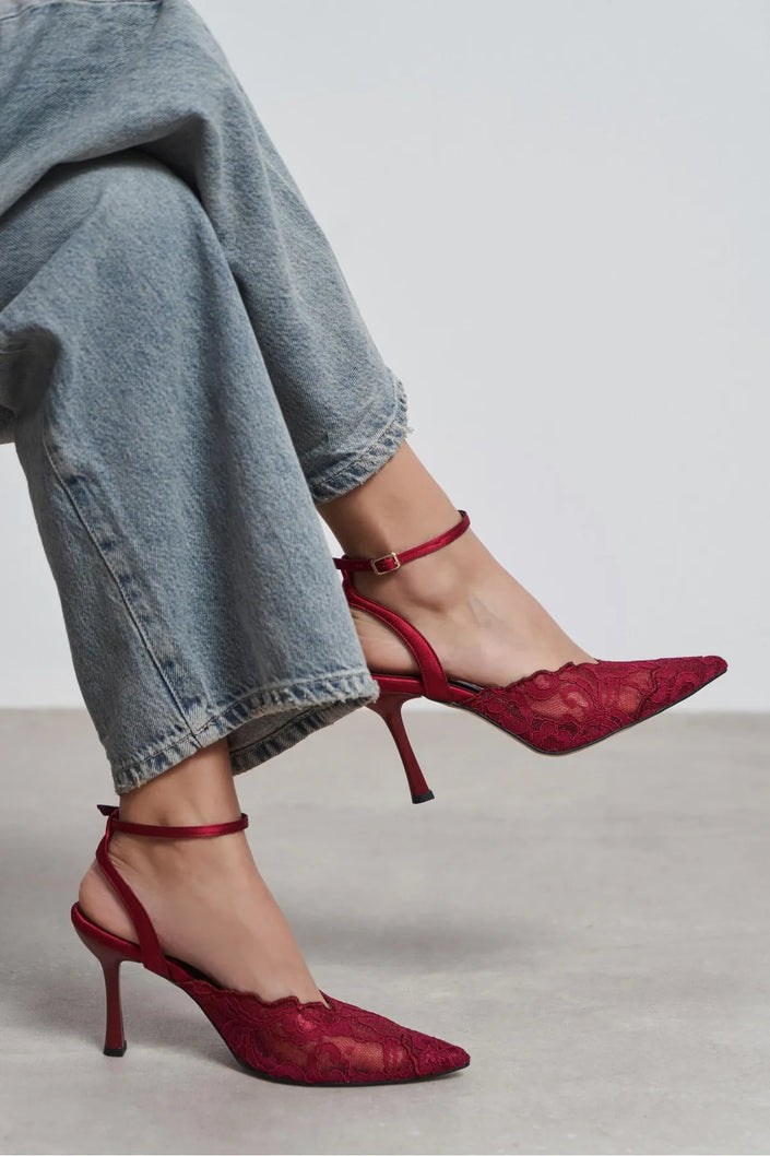 AVENY Burgundy Lace Embroidered Back Strap Women’s Heel Shoes - Pre order