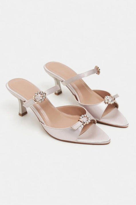 CALISTA Dark Beige Satin Buckle-Detail Pointed-Toe Women's Mule Heels