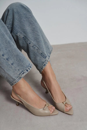 RONE Dark Beige Matte Leather Pointed Toe Open Front Buckle Women’s Shoes