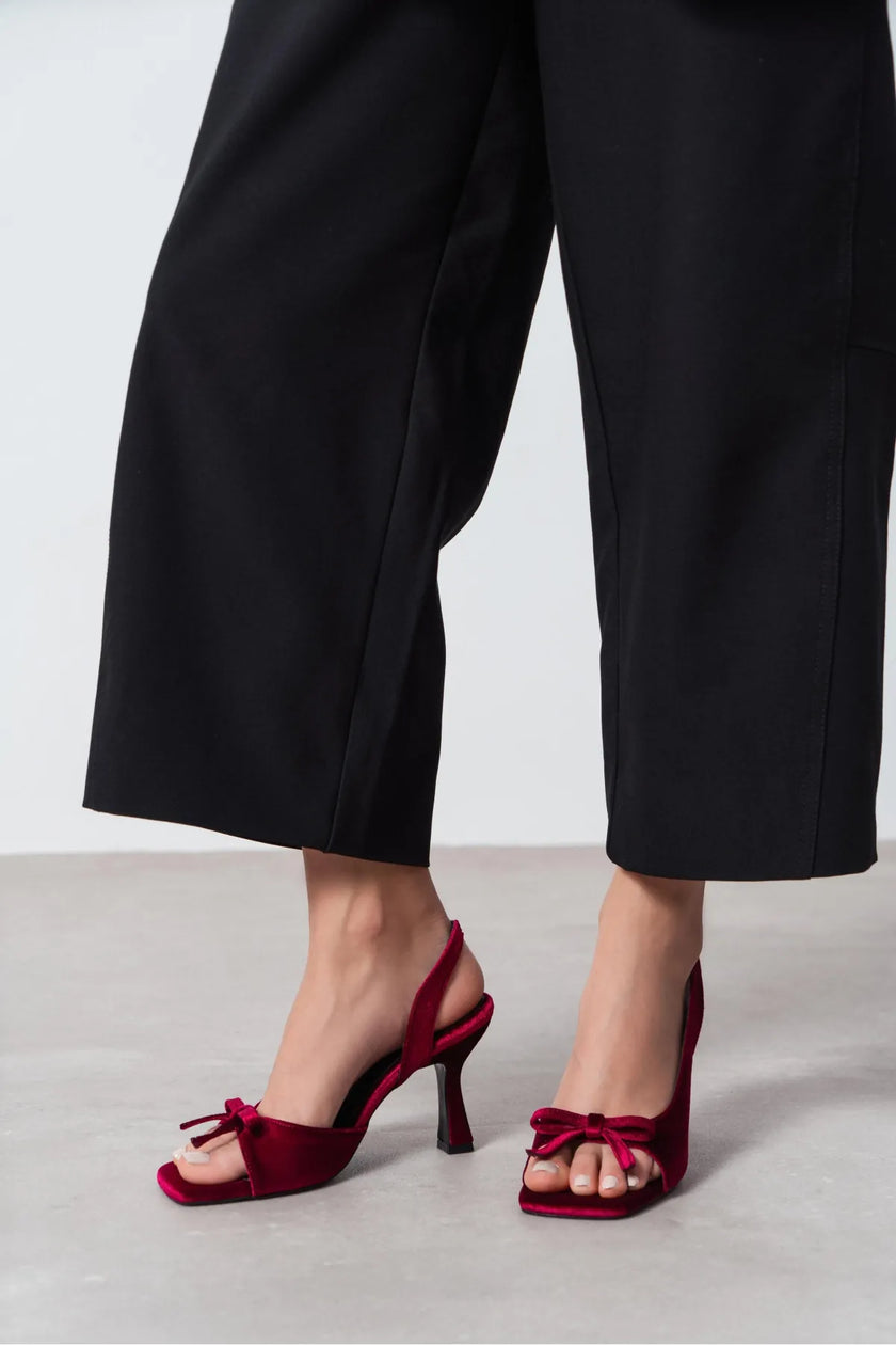 LILITH Burgundy Velvet Women’s Heel Shoes with Bow Detail