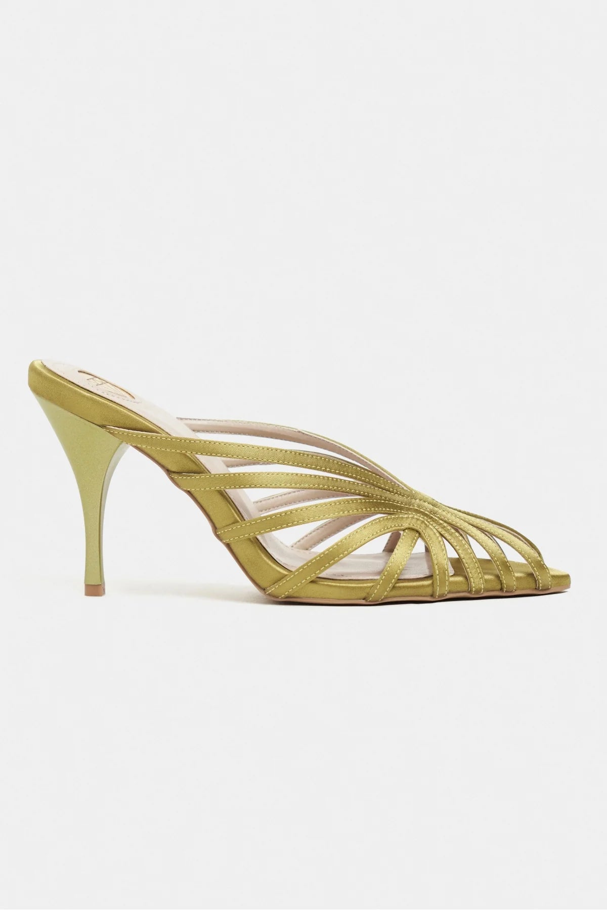 JUDITH Green Satin Open Toe Cage Detail Women’s Heeled Slippers
