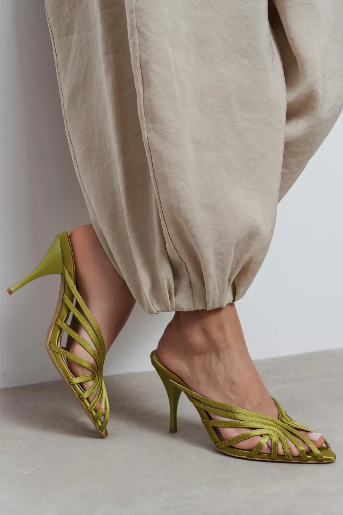 JUDITH Green Satin Open Toe Cage Detail Women’s Heeled Slippers - Pre order | FOOTWEAR | Heels | Slipper | Lebbse