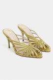 JUDITH Green Satin Open Toe Cage Detail Women’s Heeled Slippers