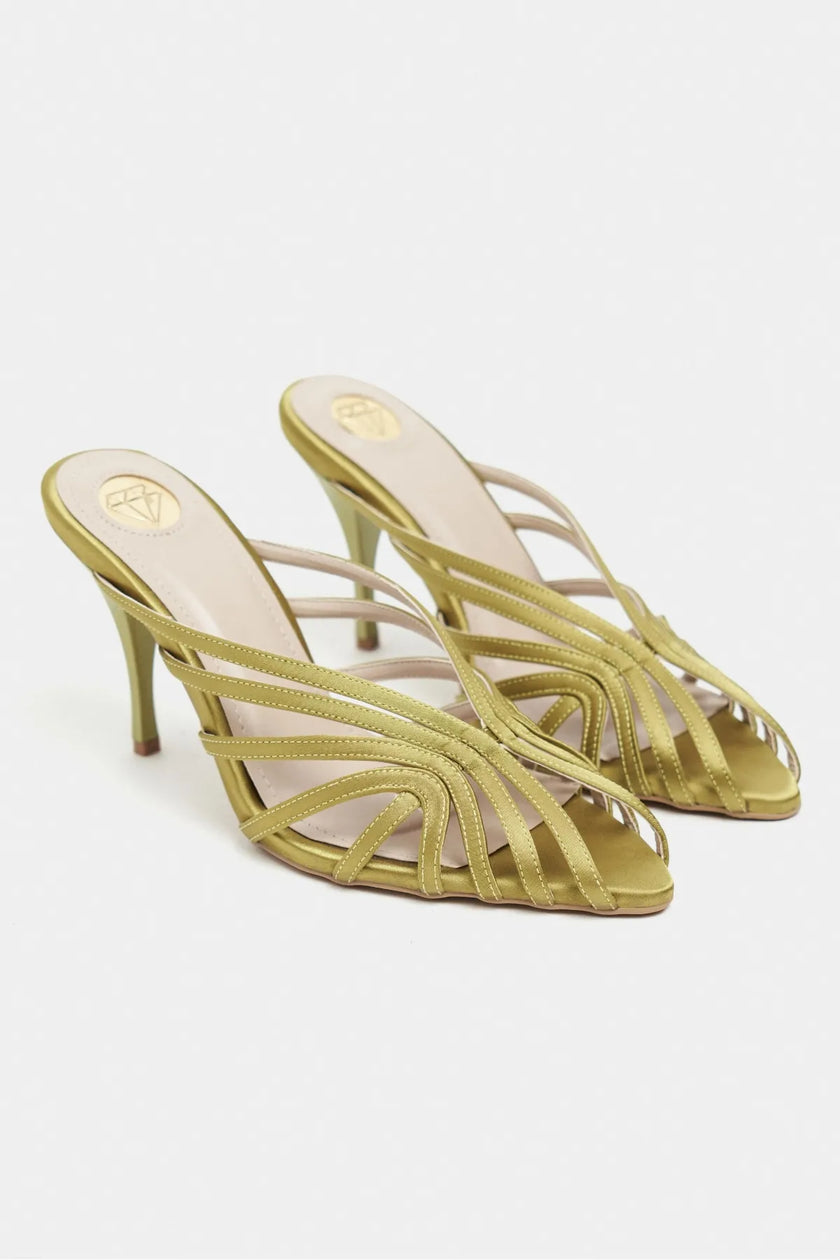 JUDITH Green Satin Open Toe Cage Detail Women’s Heeled Slippers