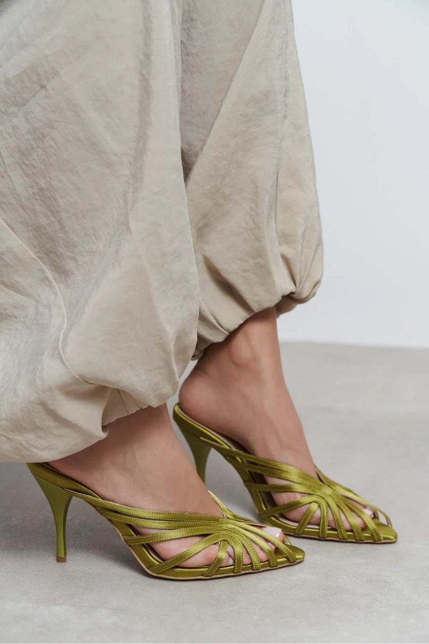JUDITH Green Satin Open Toe Cage Detail Women’s Heeled Slippers