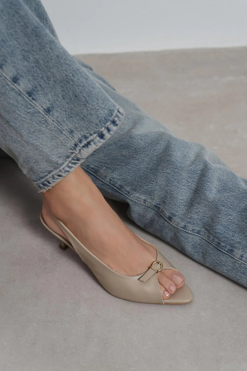 RONE Dark Beige Matte Leather Pointed Toe Open Front Buckle Women’s Shoes