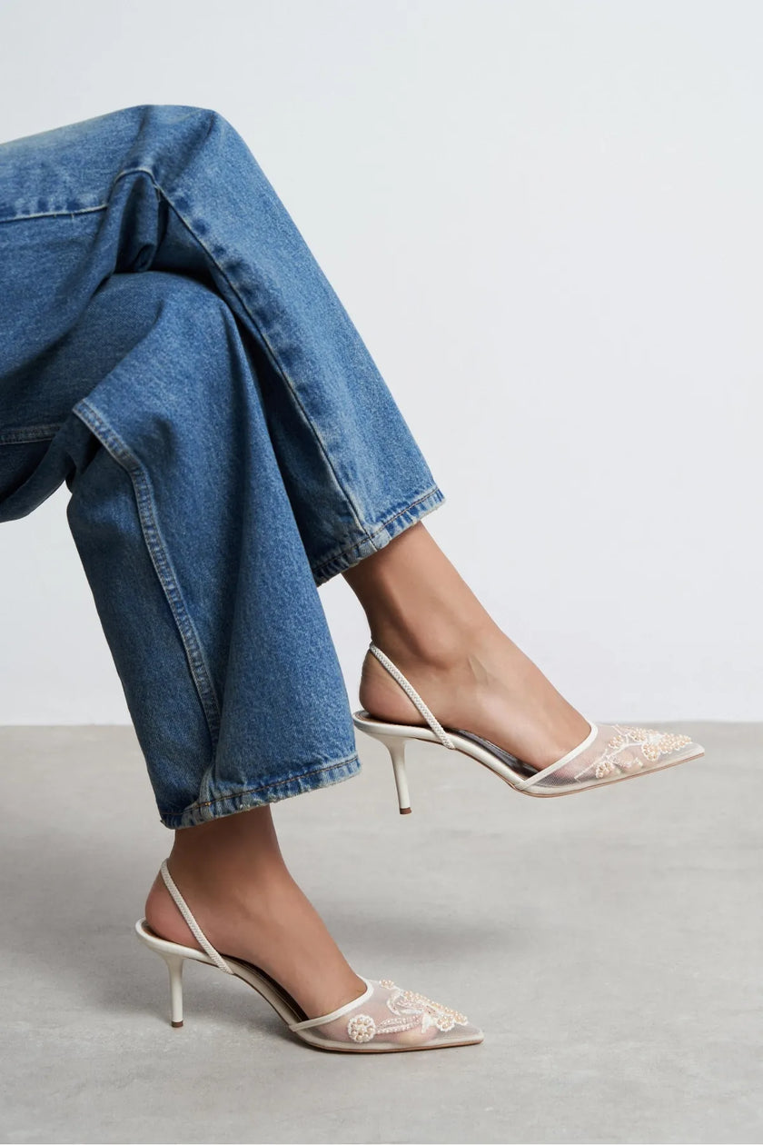 Shine Beige Beaded Mesh Pointed-Toe Women's Heeled Shoes