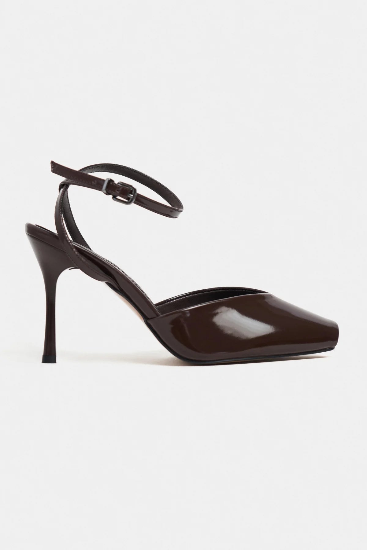 KAHLA Coffee Patent Leather Ankle Strap Open Toe Women’s Heel Shoes