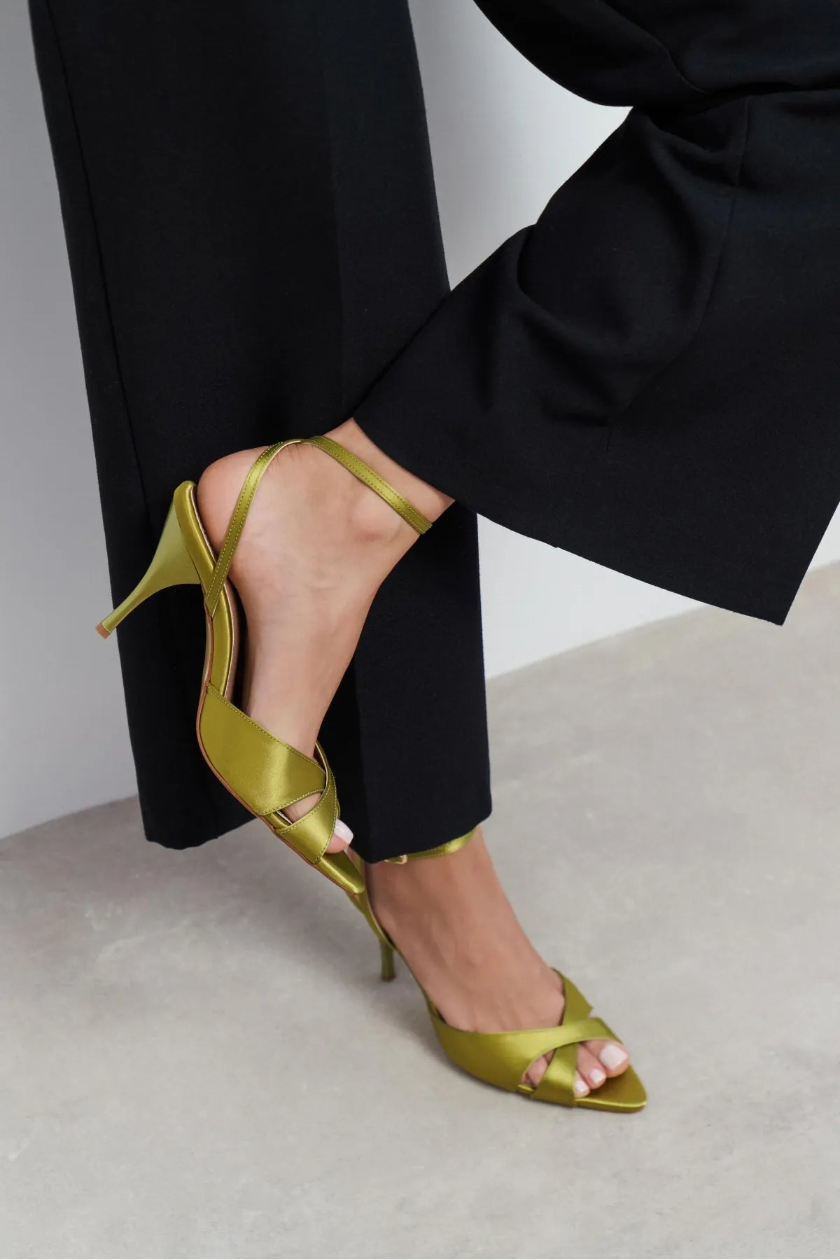 MONICA Green Satin Ankle-Strap Detail Women’s Slim High-Heel Shoes