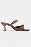 CALISTA Brown Satin Buckle-Detail Pointed-Toe Women's Mule Heels
