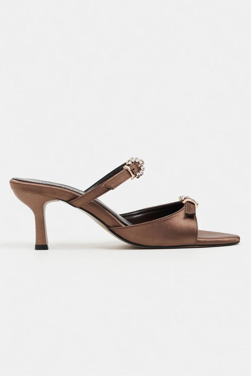 CALISTA Brown Satin Buckle-Detail Pointed-Toe Women's Mule Heels