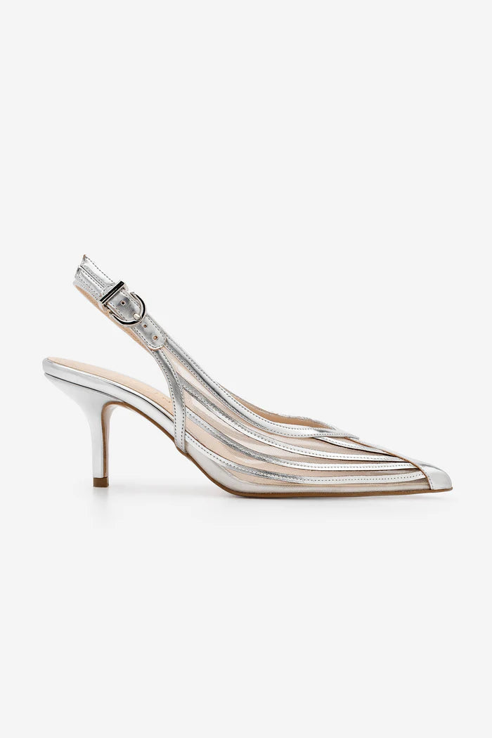 VIMOLA Women’s Silver Strappy Mesh Pointed Toe Stiletto Heels