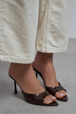RENATA Brown Patent Open-Toe Pointed Women’s Slim High-Heel Mules