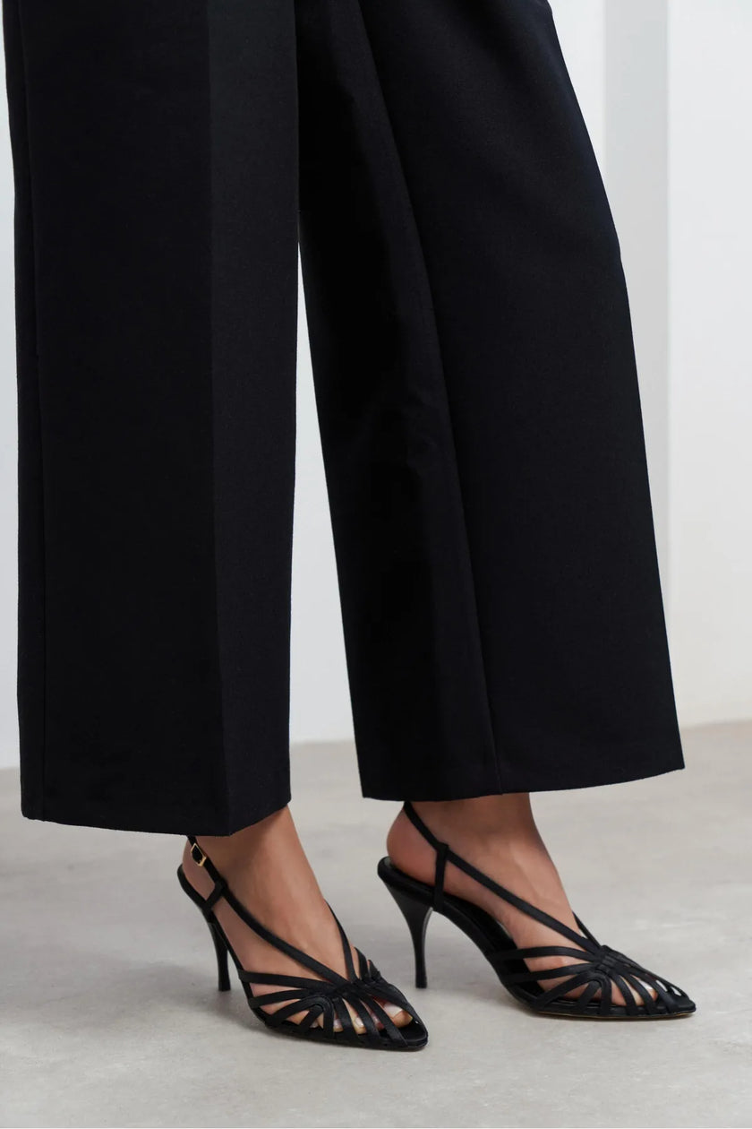 ERYU Black Satin Peep Toe Cage Detail Women’s Heeled Shoes