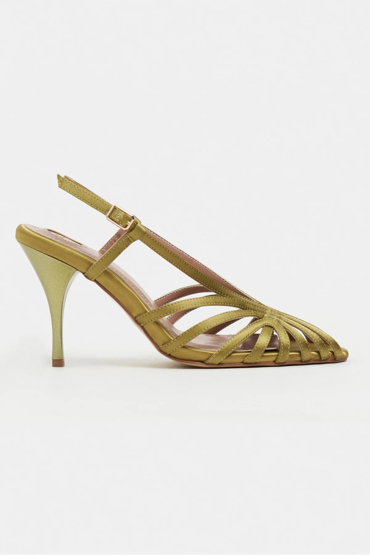 ERYU Green Satin Peep Toe Cage Detail Women’s Heeled Shoes