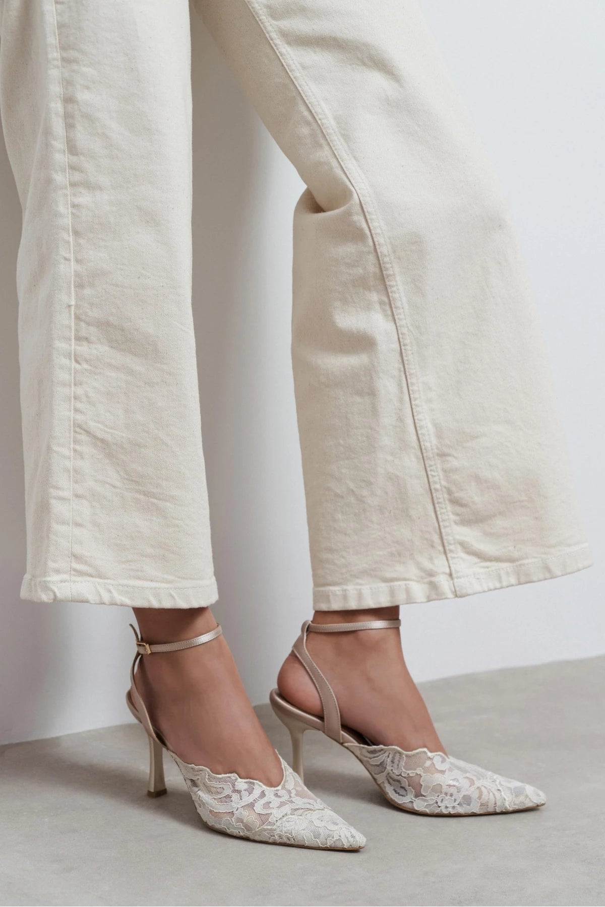 AVENY Beige Lace Embroidered Back Strap Women’s Heels