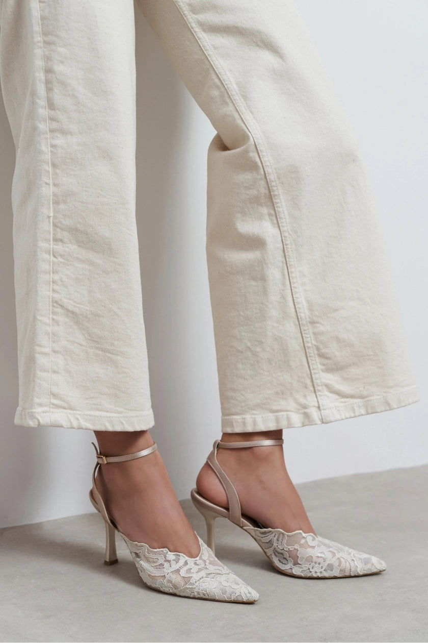 AVENY Beige Lace Embroidered Back Strap Women’s Heels