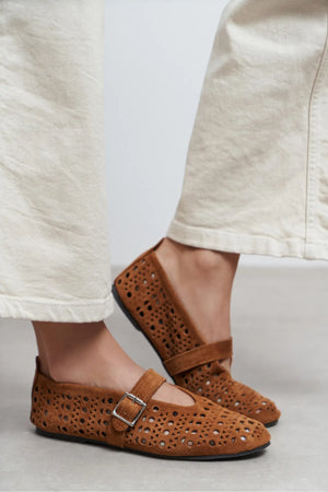 PATTER Tan Suede Studded Genuine Leather Buckle Detail Women’s Ballerina Flats
