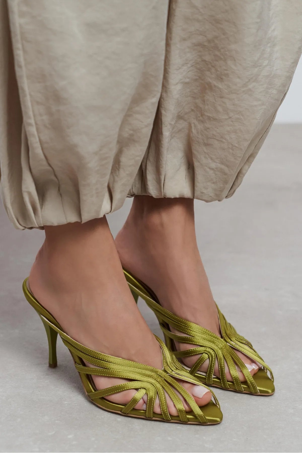JUDITH Green Satin Open Toe Cage Detail Women’s Heeled Slippers
