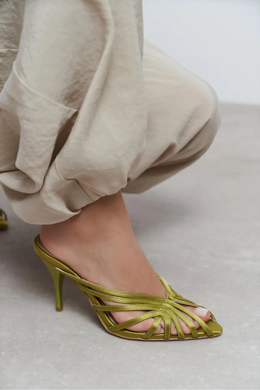JUDITH Green Satin Open Toe Cage Detail Women’s Heeled Slippers