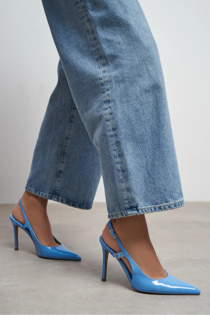 LADONIA Baby Blue Patent Buckle Detail Open Back Women’s Heels