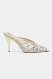 JUDITH Sand Beige Satin Open Toe Cage Detail Women’s Heeled Slippers -Pre order