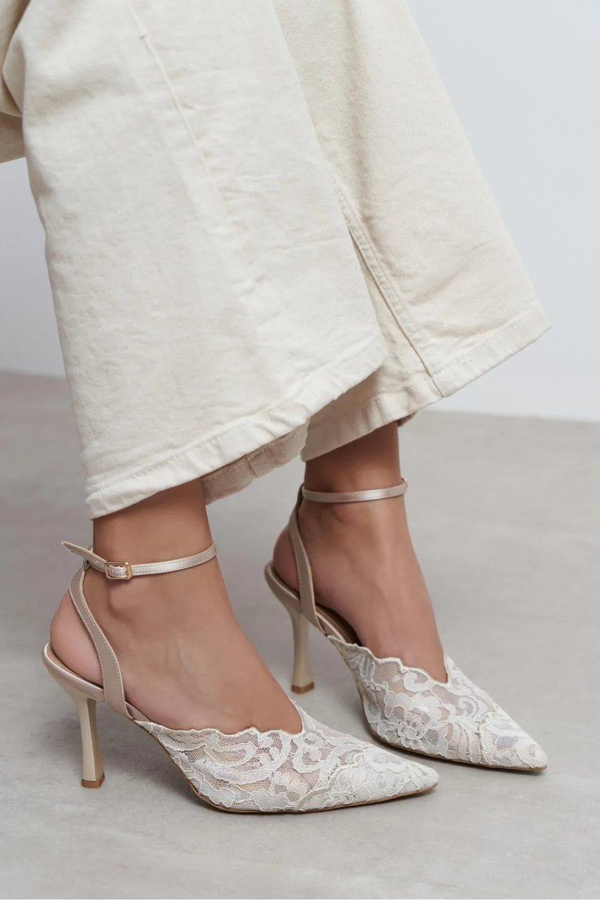 AVENY Beige Lace Embroidered Back Strap Women’s Heels