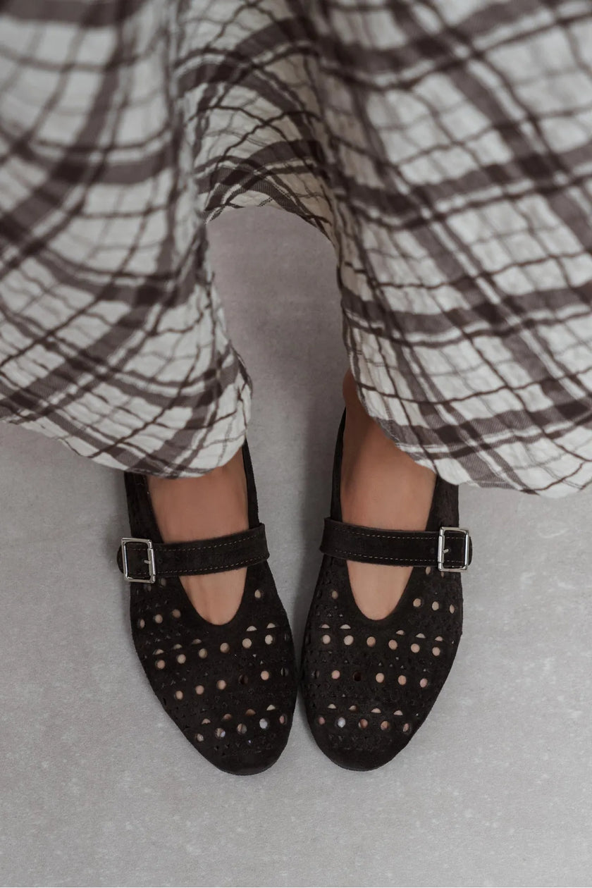 PATTER Coffee Suede Studded Genuine Leather Buckle Detail Women’s Ballerina