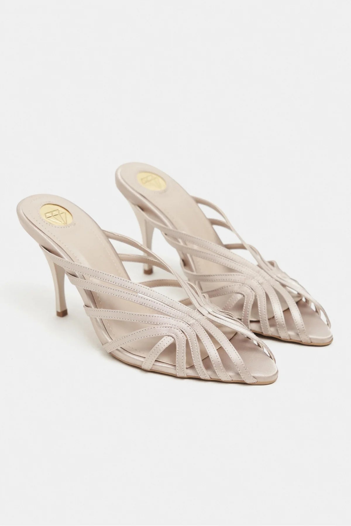 JUDITH Sand Beige Satin Open Toe Cage Detail Women’s Heeled Slippers -Pre order