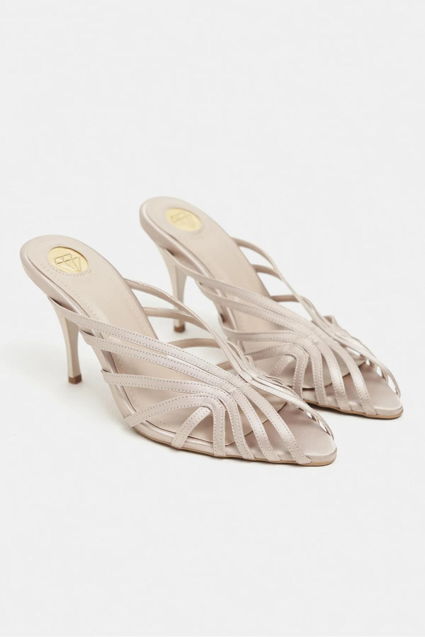 JUDITH Sand Beige Satin Open Toe Cage Detail Women’s Heeled Slippers -Pre order