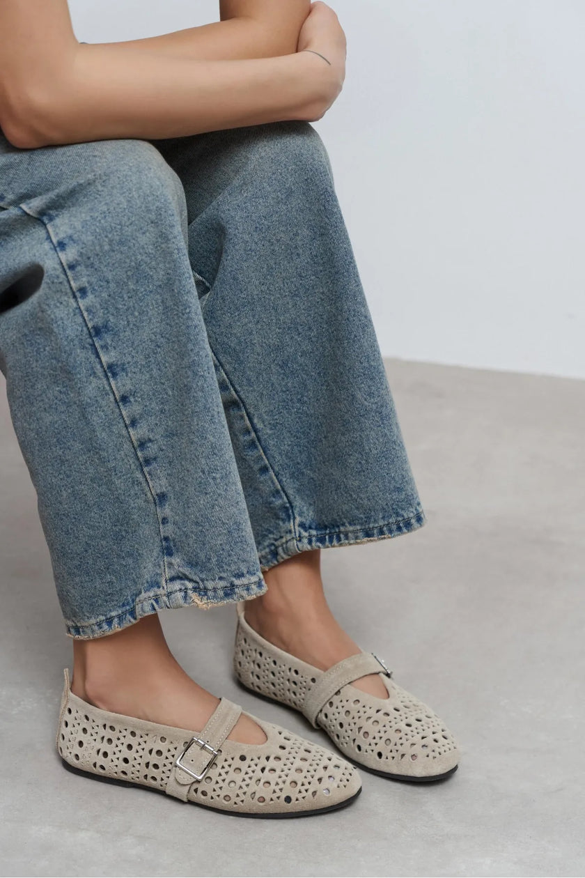 PATTER Beige Suede Studded Genuine Leather Buckle Detail Women’s Ballerina Flats