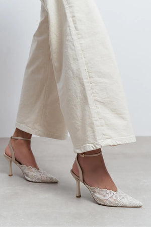 AVENY Beige Lace Embroidered Back Strap Women’s Heels