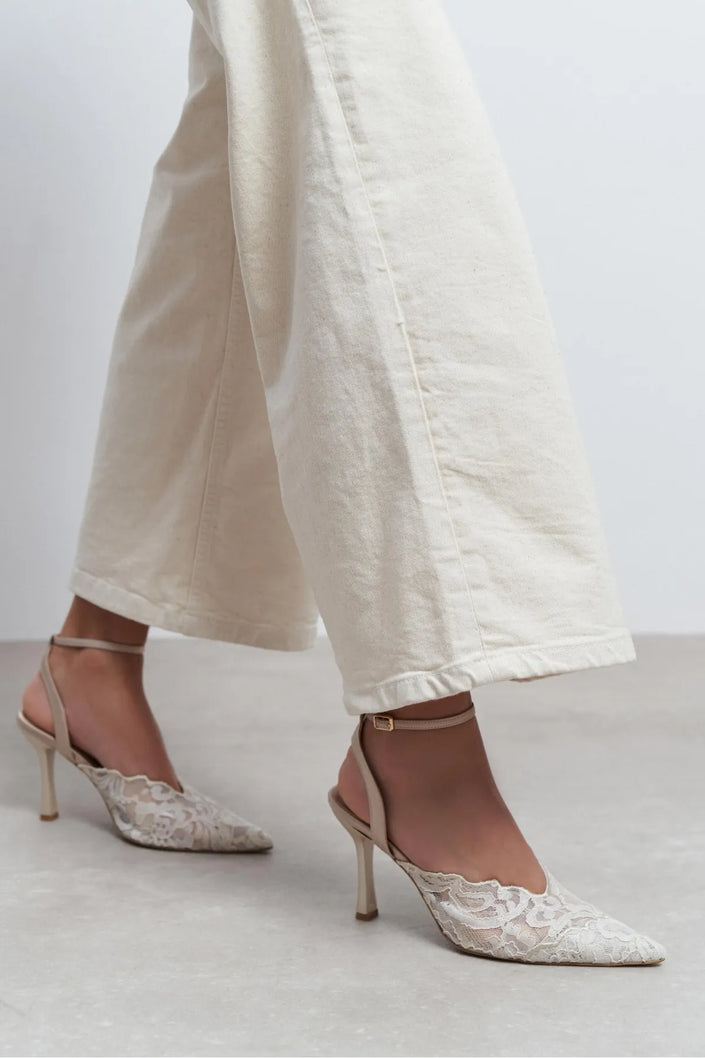 AVENY Beige Lace Embroidered Back Strap Women’s Heels