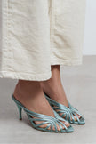 JUDITH Turquoise Satin Open Toe Cage Detail Women’s Heeled Slippers