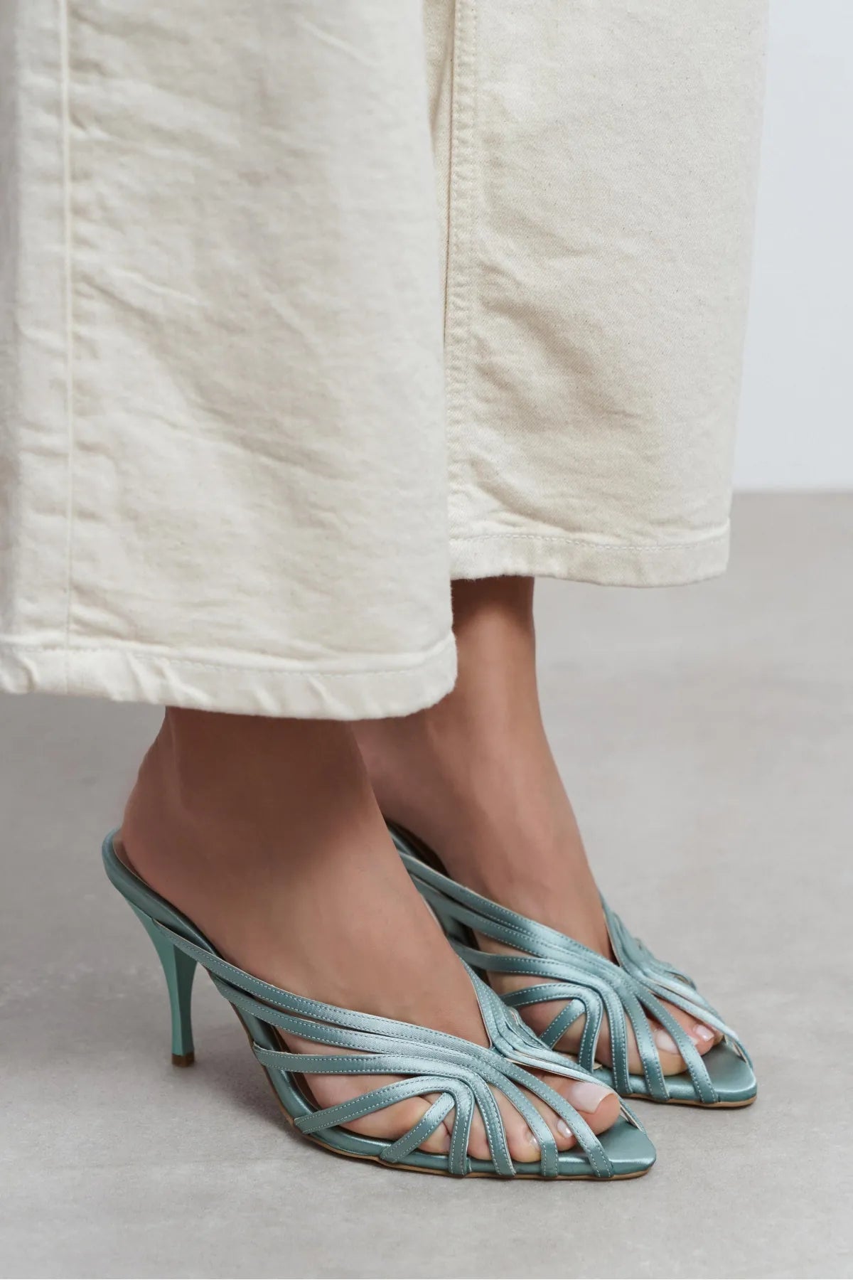 JUDITH Turquoise Satin Open Toe Cage Detail Women’s Heeled Slippers