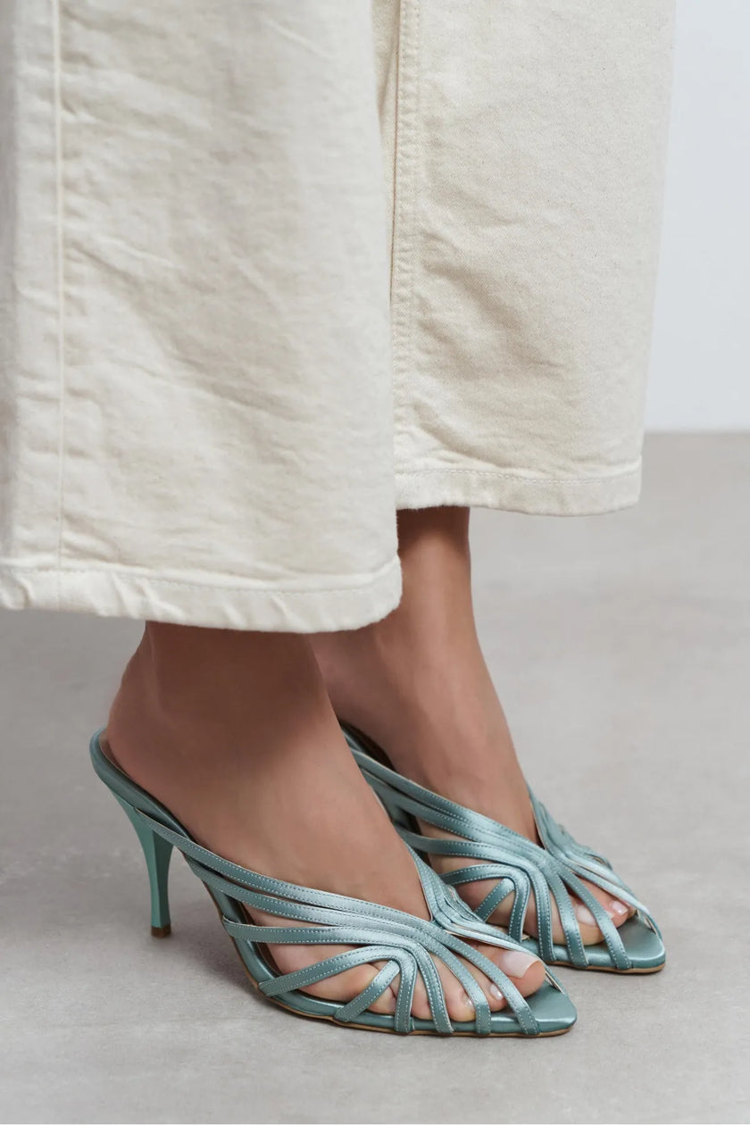 JUDITH Turquoise Satin Open Toe Cage Detail Women’s Heeled Slippers