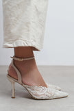 AVENY Beige Lace Embroidered Back Strap Women’s Heels