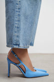 LADONIA Baby Blue Patent Buckle Detail Open Back Women’s Heels