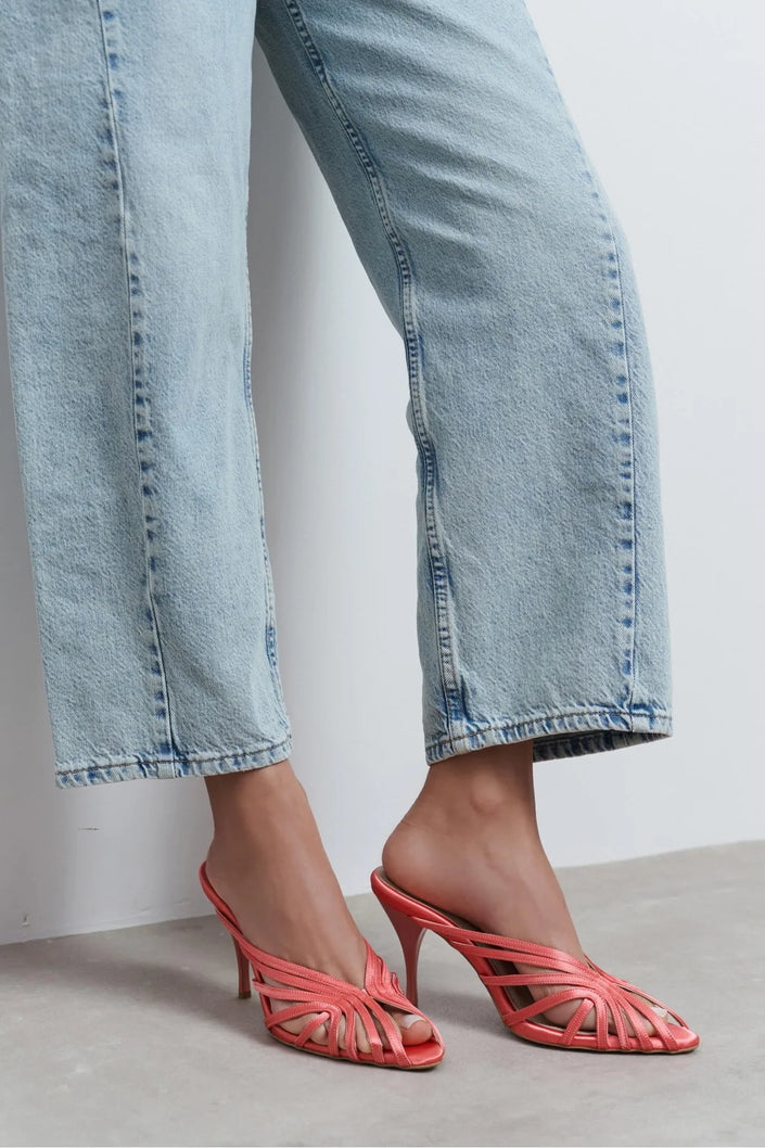JUDITH Salmon Satin Open Toe Cage Detail Women’s Heeled Slippers
