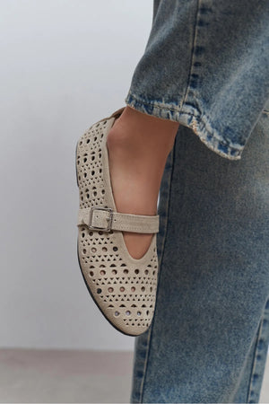 PATTER Beige Suede Studded Genuine Leather Buckle Detail Women’s Ballerina Flats