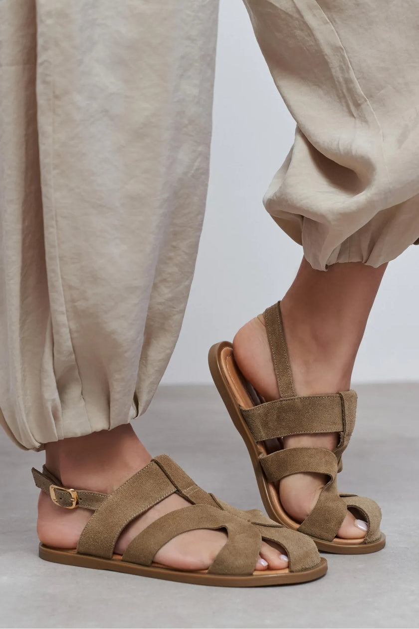 VENDY Rome Beige Suede Leather Buckled Women’s Sandals