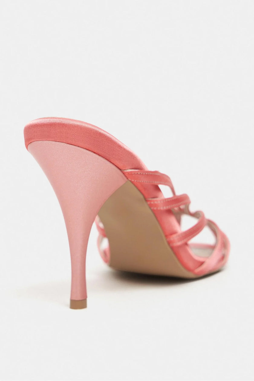 JUDITH Salmon Satin Open Toe Cage Detail Women’s Heeled Slippers