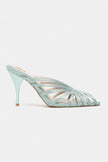 JUDITH Turquoise Satin Open Toe Cage Detail Women’s Heeled Slippers