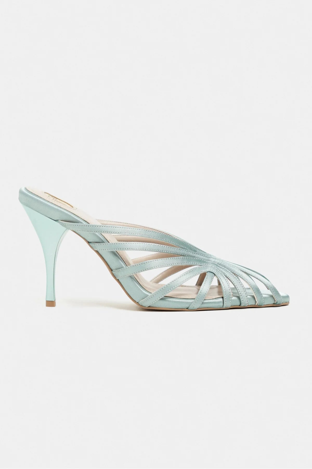 JUDITH Turquoise Satin Open Toe Cage Detail Women’s Heeled Slippers