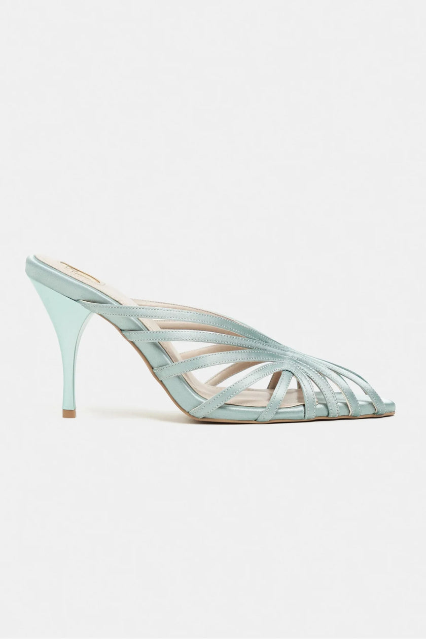 JUDITH Turquoise Satin Open Toe Cage Detail Women’s Heeled Slippers