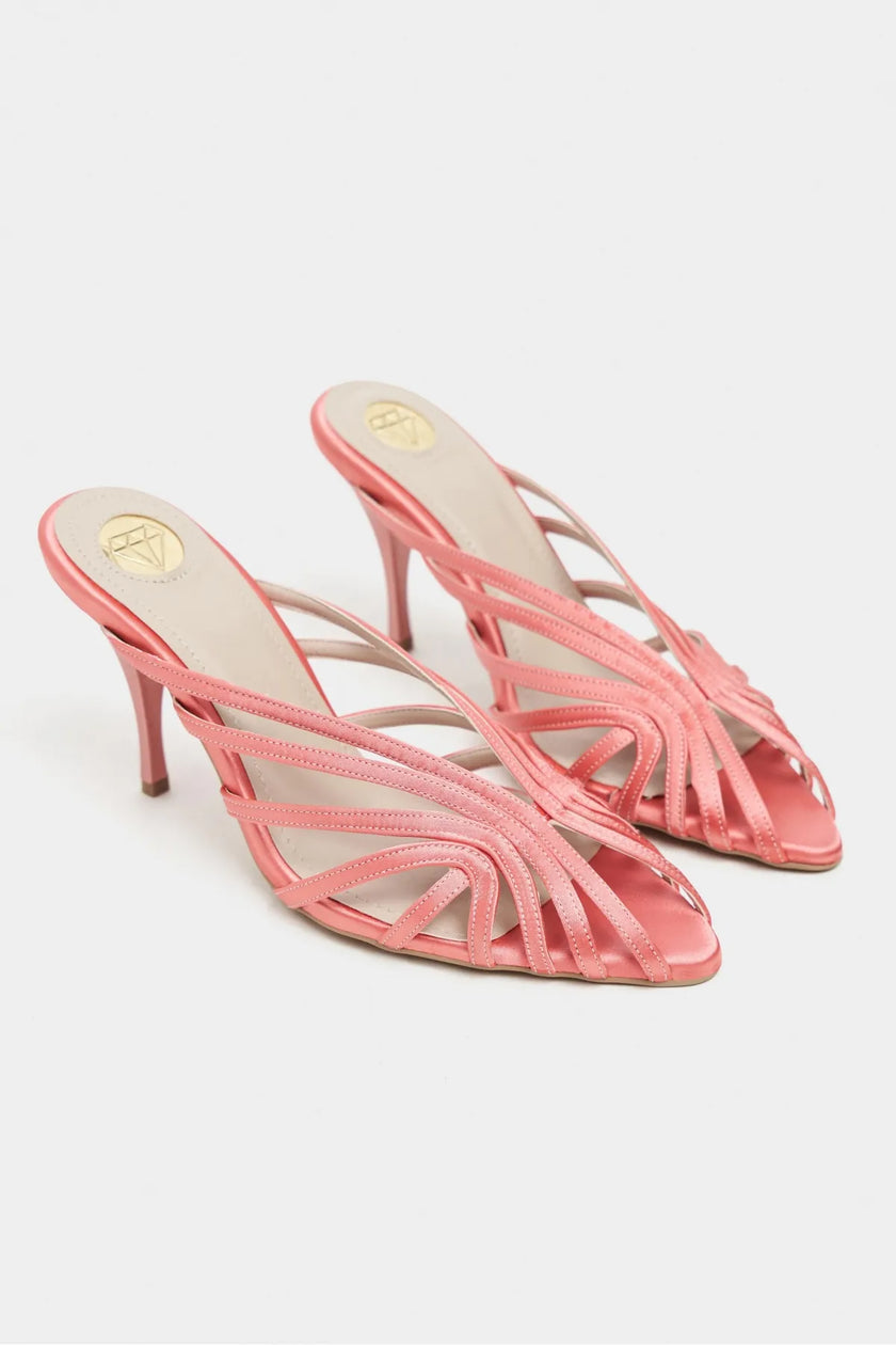 JUDITH Salmon Satin Open Toe Cage Detail Women’s Heeled Slippers