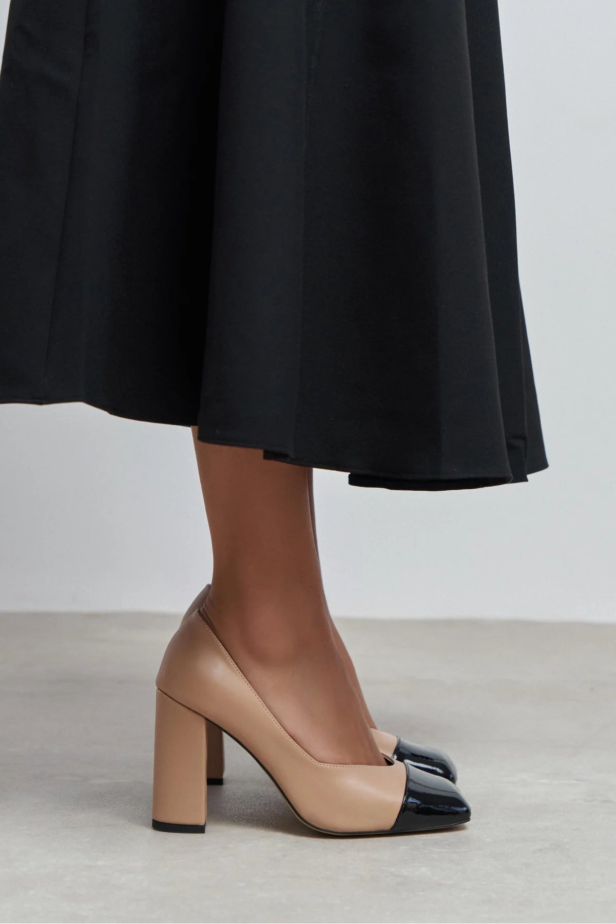 EMILY NUDE & BLACK CAP-TOE BLOCK HEEL WOMEN’S SHOE