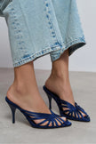 JUDITH Navy Blue Satin Open Toe Cage Detail Women’s Heeled Slippers