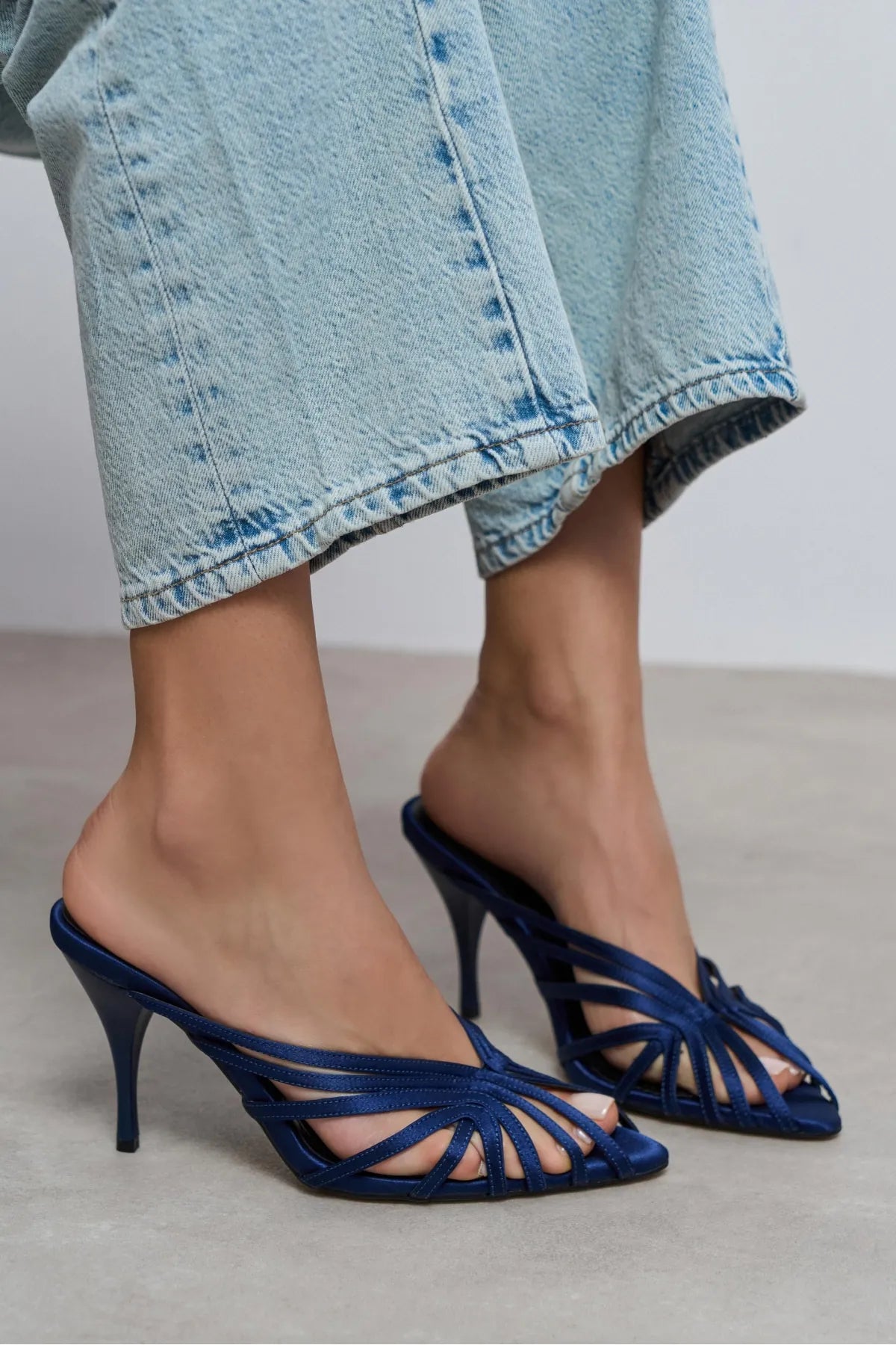 JUDITH Navy Blue Satin Open Toe Cage Detail Women’s Heeled Slippers | FOOTWEAR | Heels | Slipper | Lebbse JUDITH Navy Blue Satin Open Toe Cage Detail Women’s Heeled Slippers | FOOTWEAR | Heels | Slipper | Lebbse