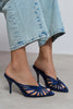 JUDITH Navy Blue Satin Open Toe Cage Detail Women’s Heeled Slippers